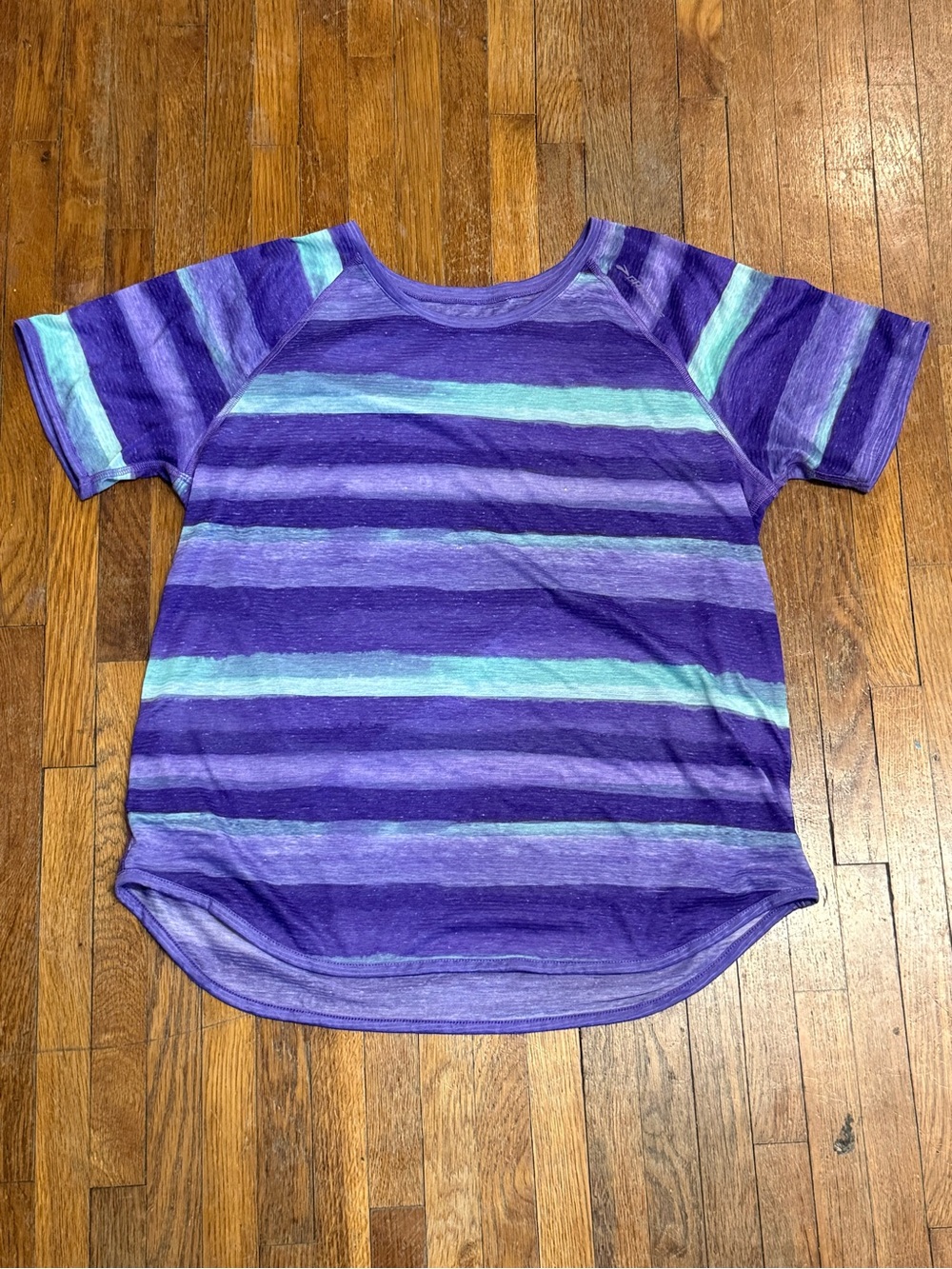 Brooks Purple and Aqua Striped Short Sleeve Running Tee